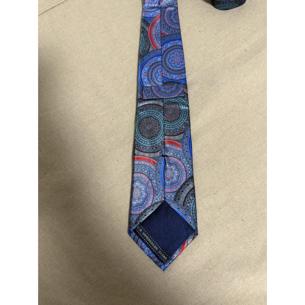 Ermenegildo Zegna Tie Mens One Size Blue Red Geometric Medallion Silk Made Italy - Picture 6 of 7